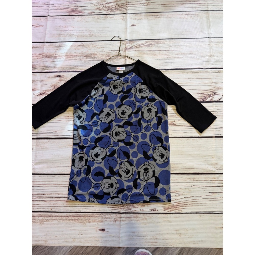 LulaRoe Disney Minnie Mouse Raglan Top Blue Grey Polka Dot Kids Size 12